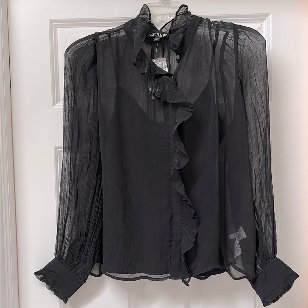 J. CREW NWT Black Ruffle Button-up Crinkle Chiffon size 8